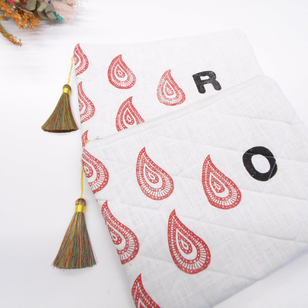 Quilted Alphabet Pouch - Handblock Printed - Silky Tassel - Rang Potli
