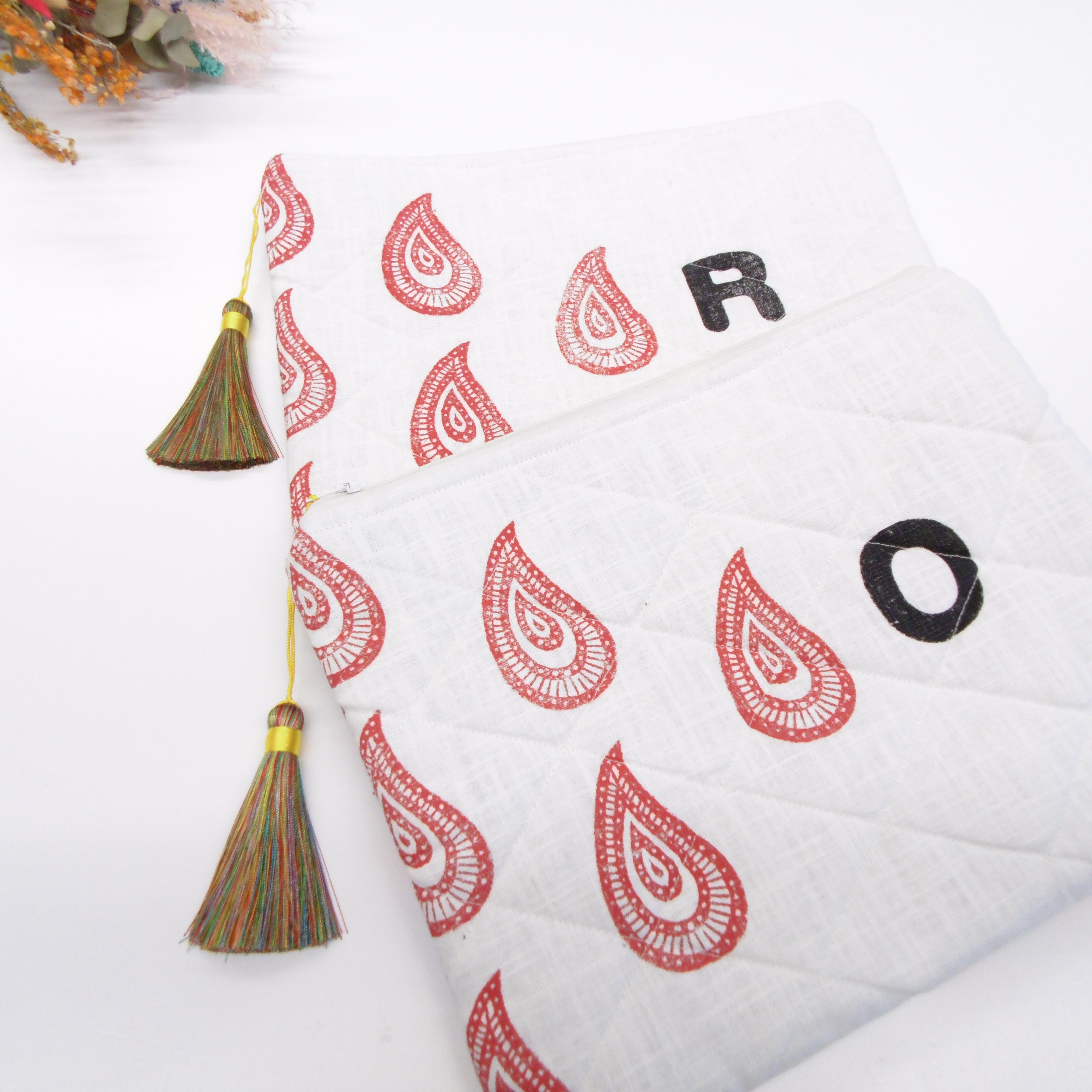 Quilted Alphabet Pouch - Handblock Printed - Silky Tassel - Rang Potli