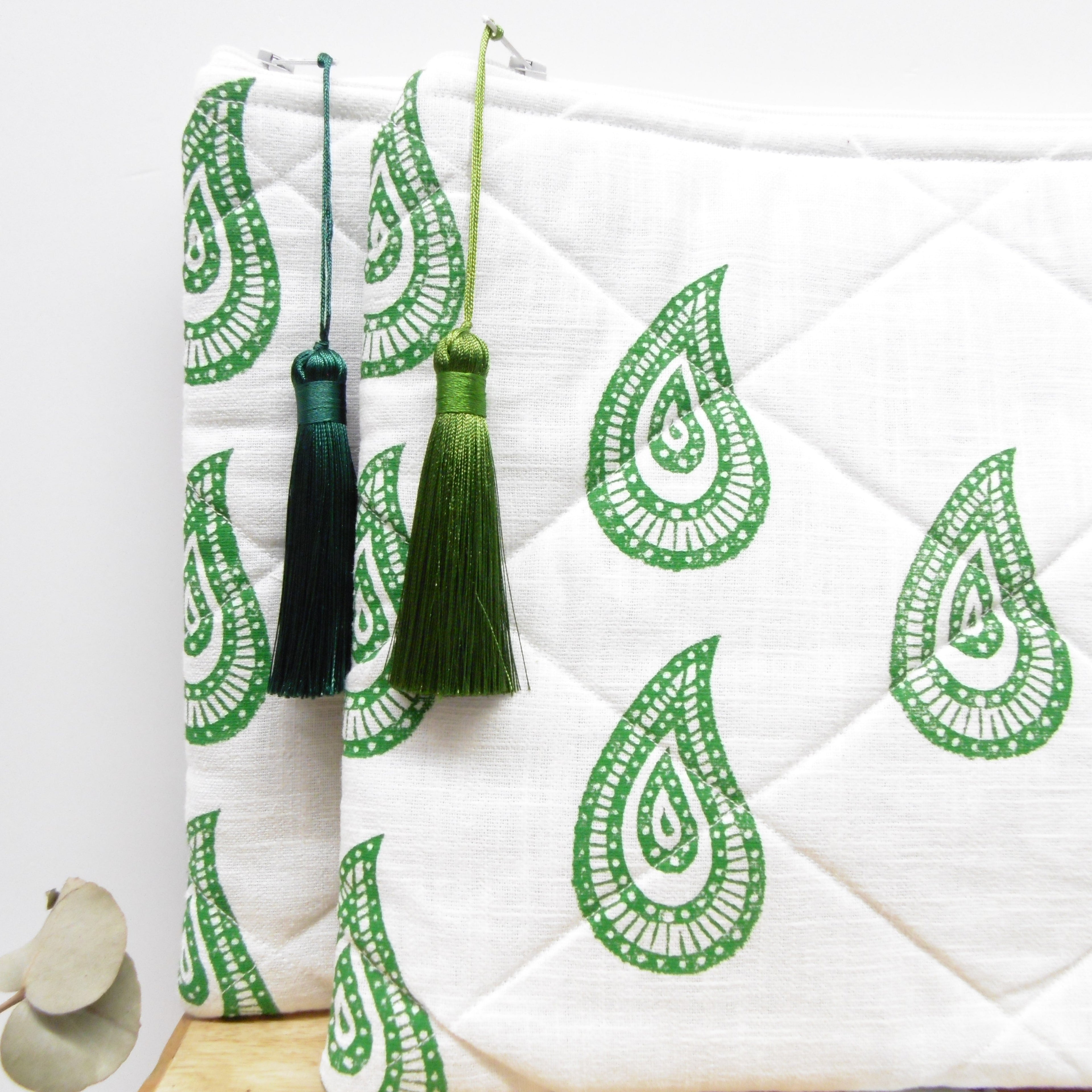 Quilted hand block printed pouches with red mandala print and multicolour tassel