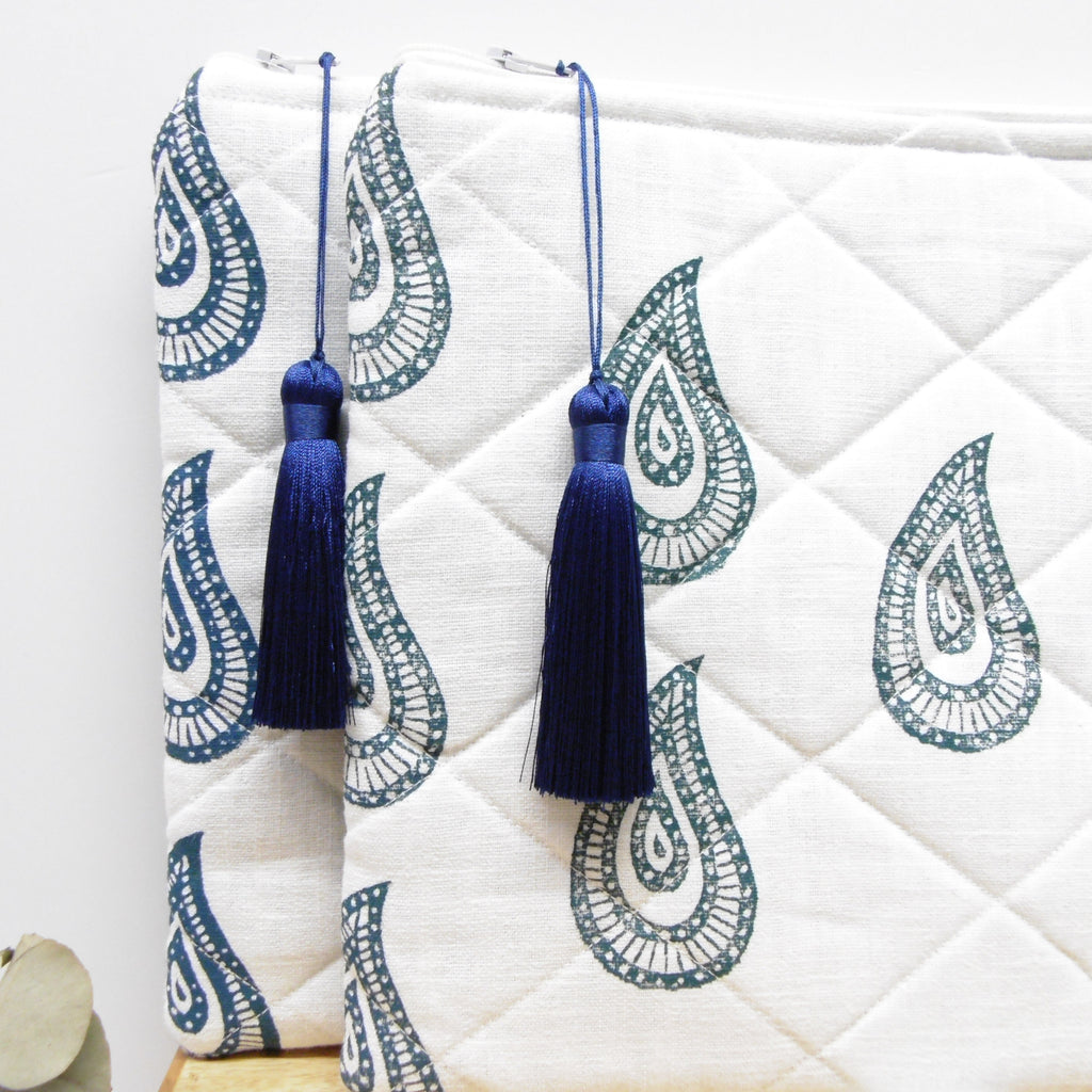 Quilted hand block printed pouches in multiple colours laid flat
