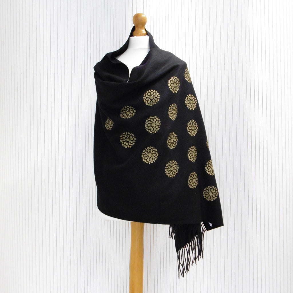 black winter shawl with gold mandala print