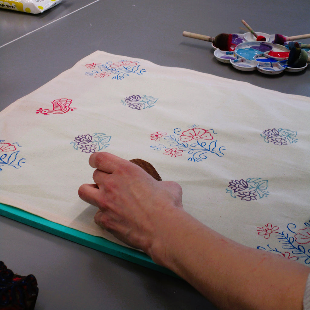 floral print created using wooden blocks at naila ahmad london workshop in leyton