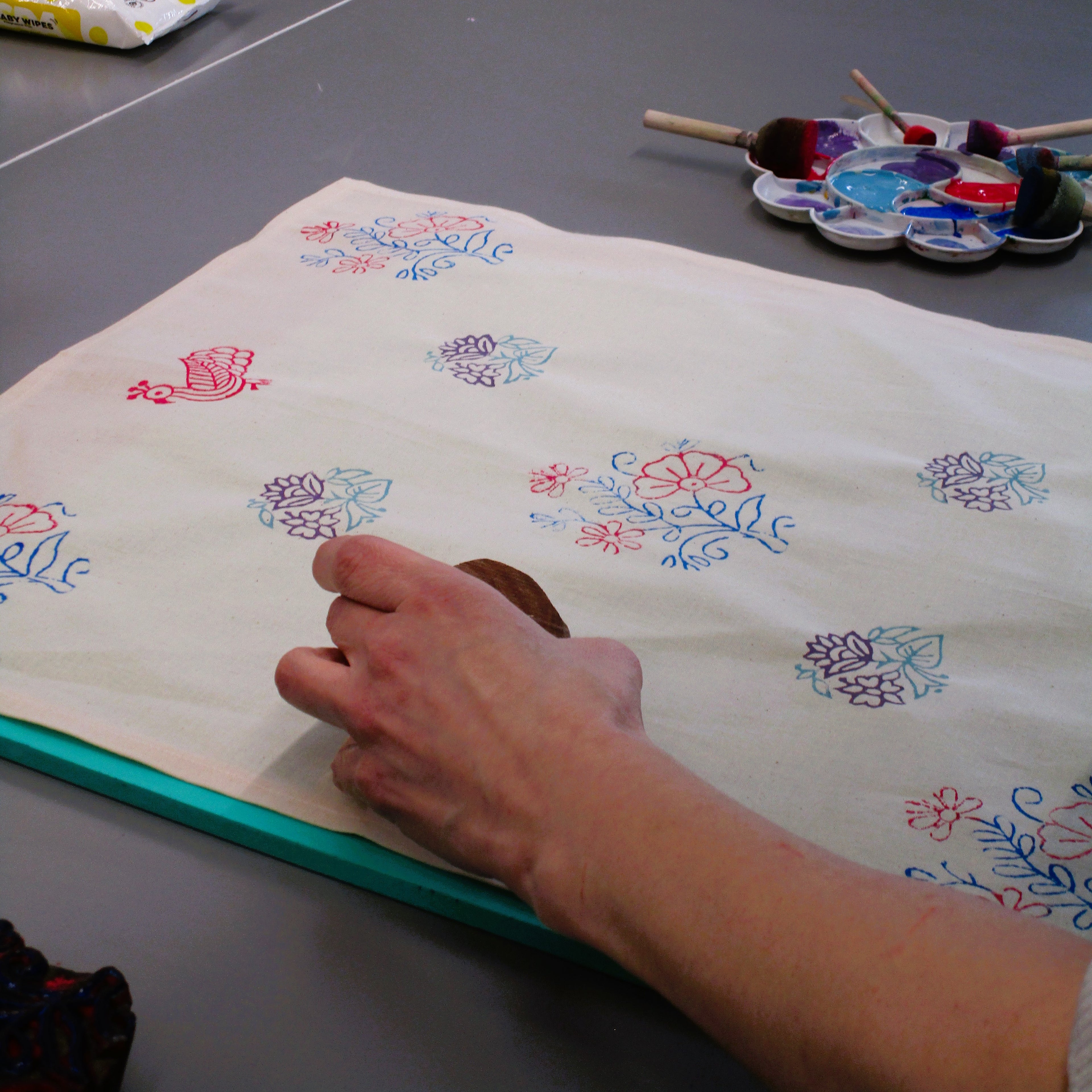 floral print created using wooden blocks at naila ahmad london workshop in leyton