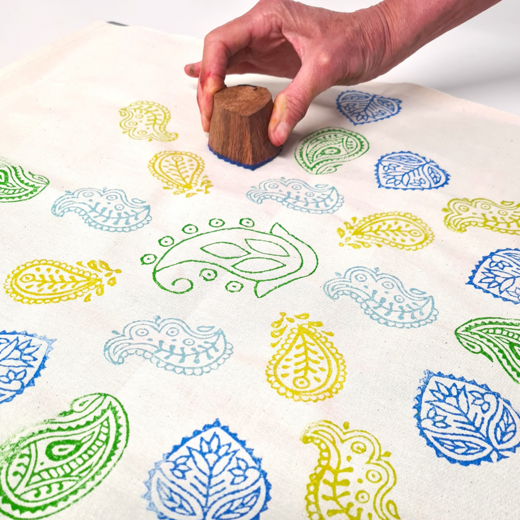 beutiful colorful paisley block printed fabrics at naila ahmad london workshop