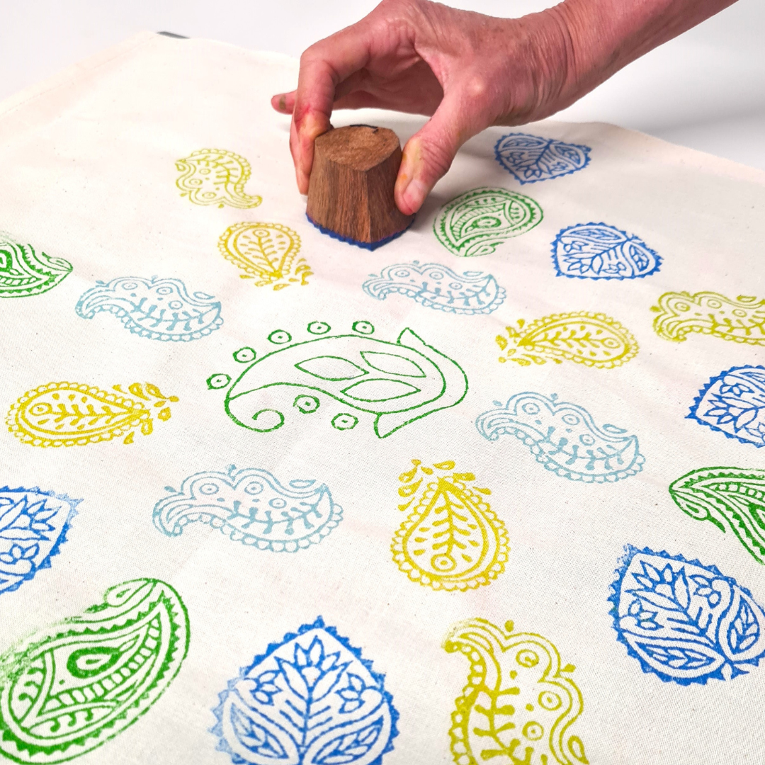 beutiful colorful paisley block printed fabrics at naila ahmad london workshop