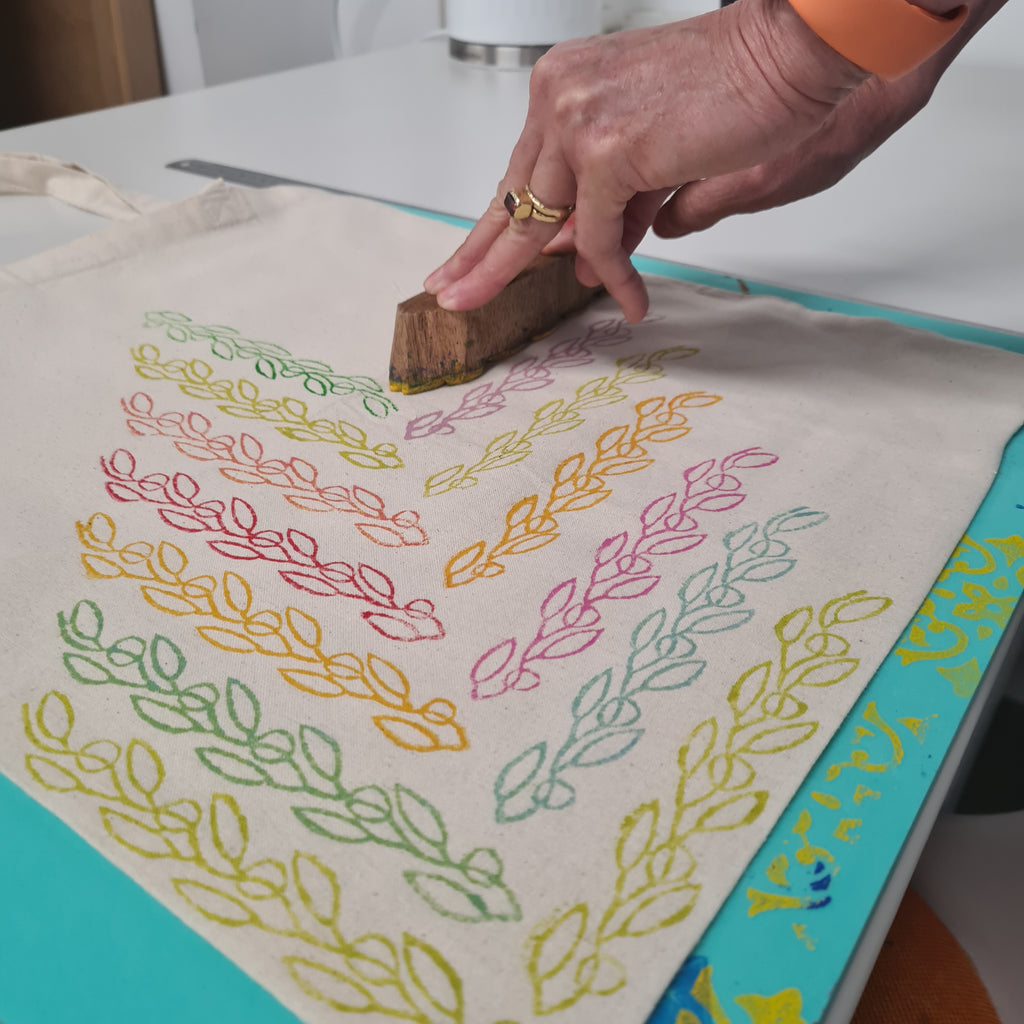 block printing workshop vintage feather border block