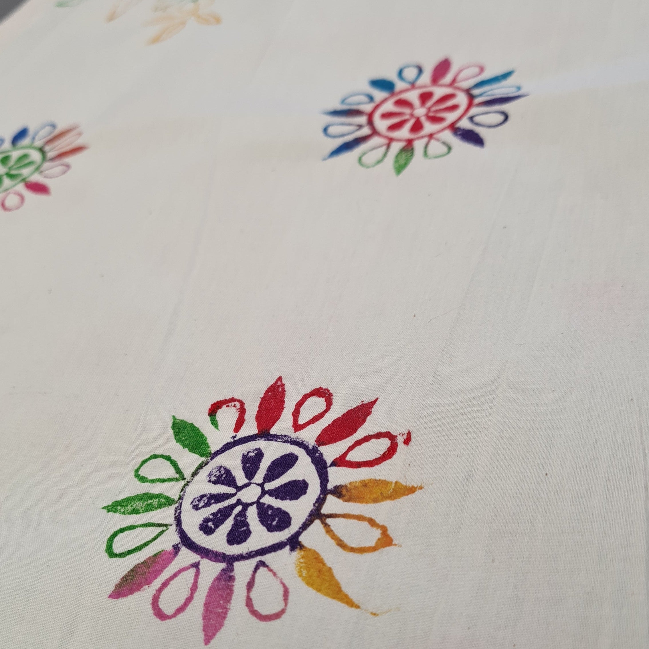 Colorful floral patterns on a white fabric background