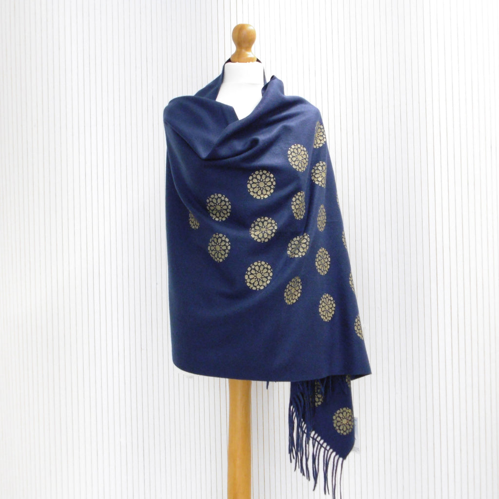 blue winter shawl with gold print