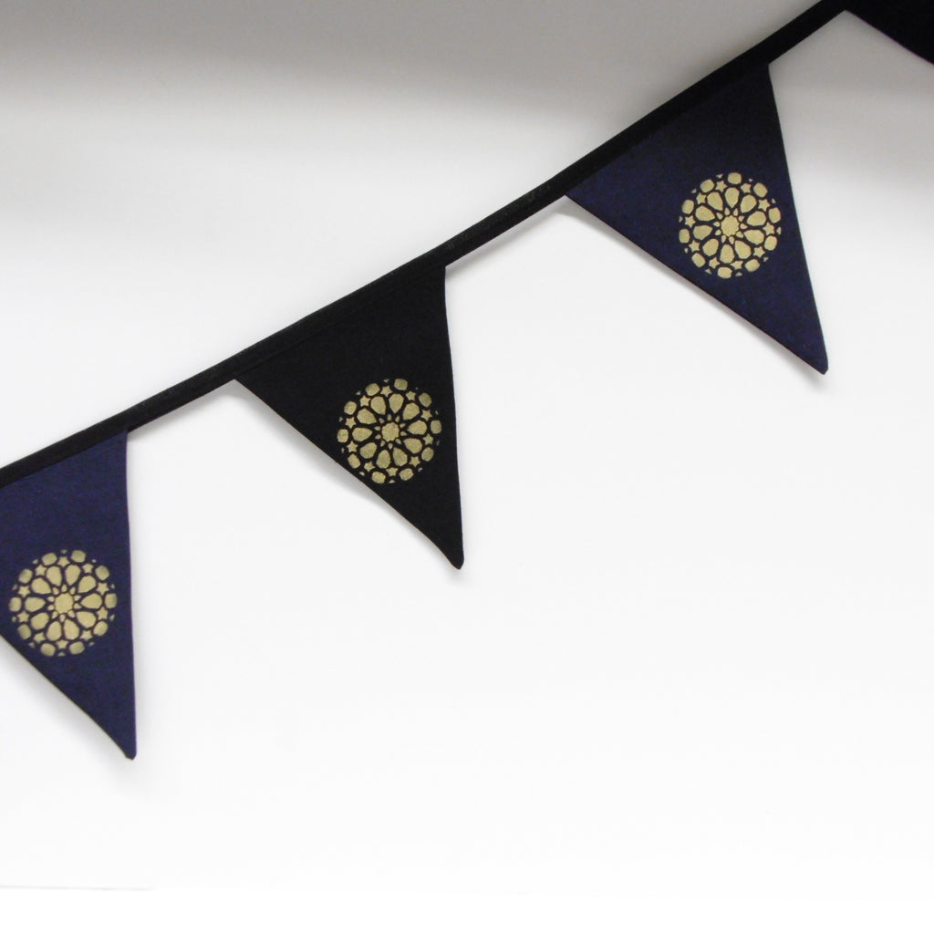 islamic mandala design on black and blue bunting