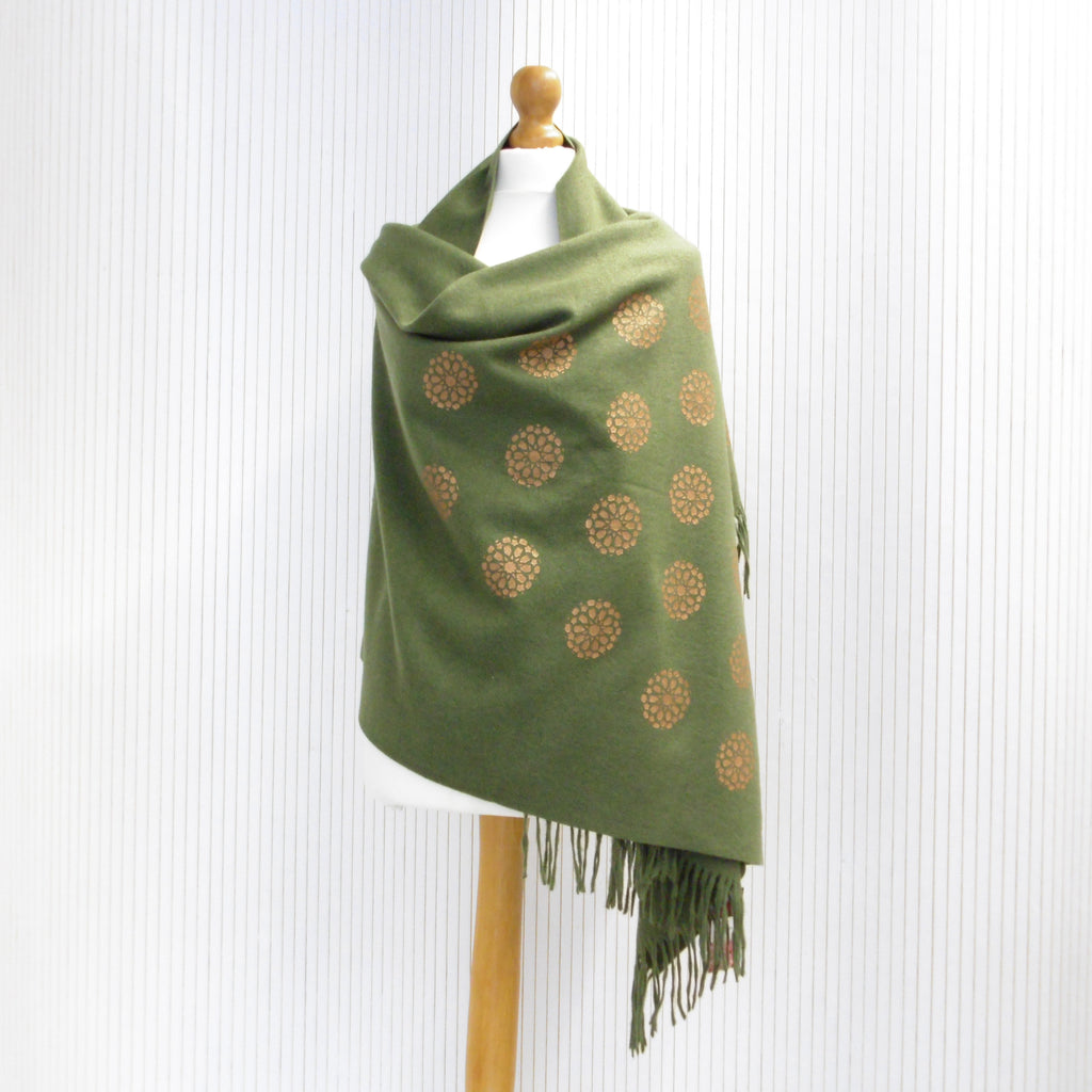 green with gold printed shawl