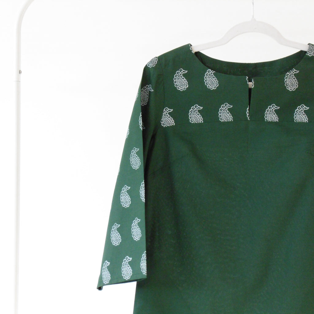 green tunic with white small paisley for women
