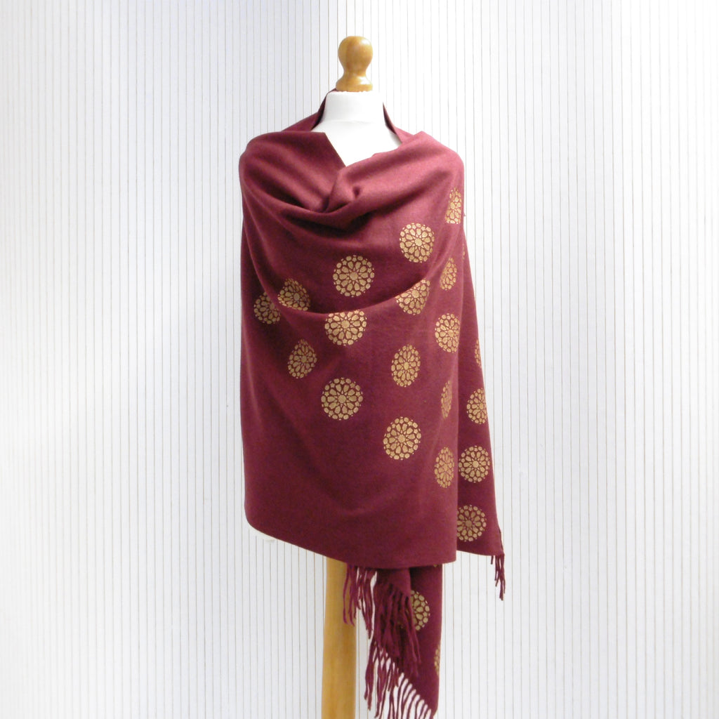 maroon with gold printed shawl