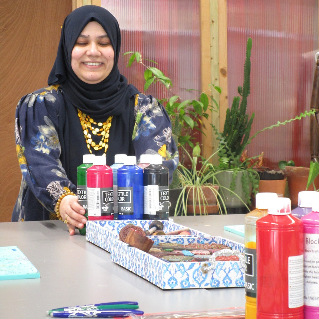 block print workshop, vinatage blocks and paints, ready for an interactive session of printing