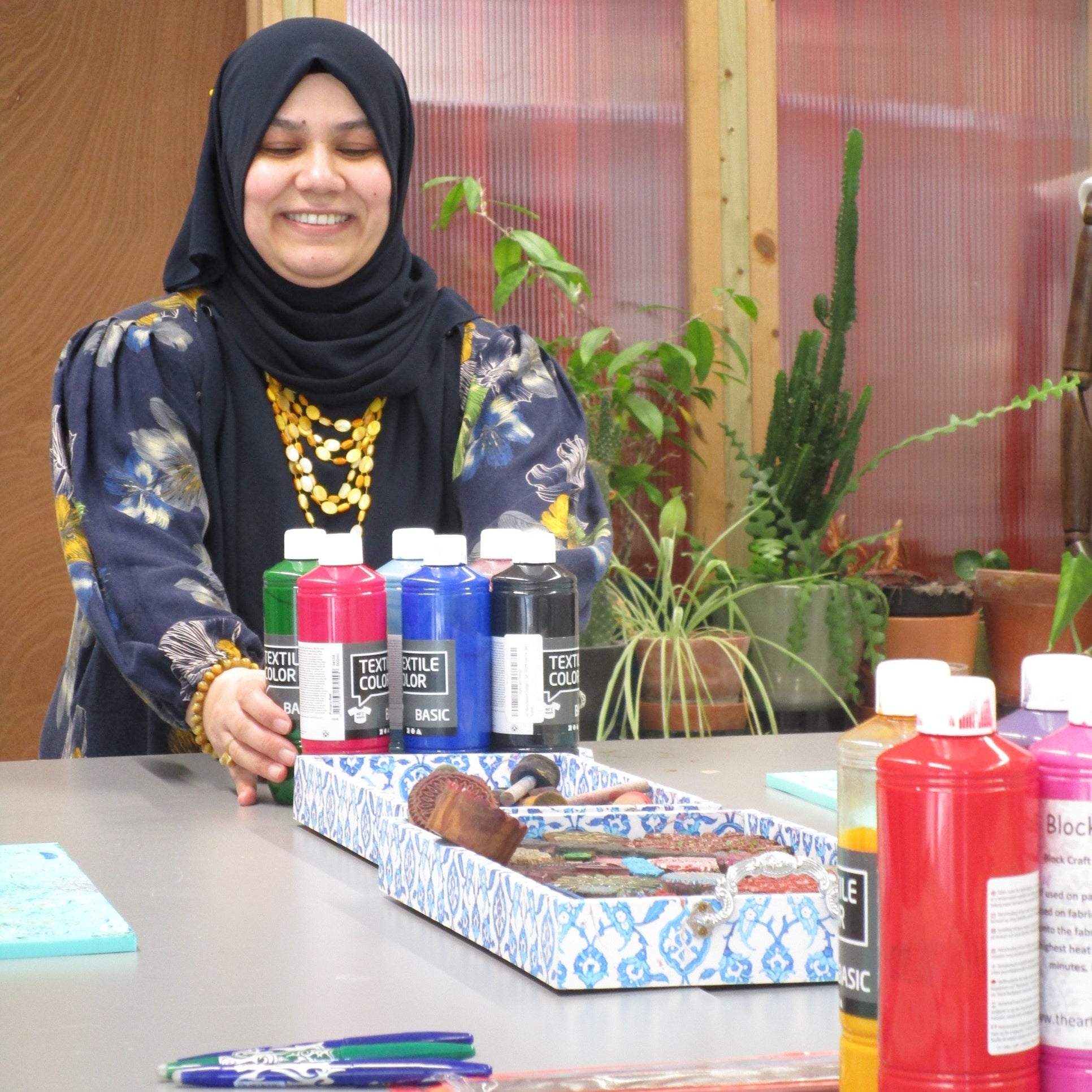 block print workshop, vinatage blocks and paints, ready for an interactive session of printing