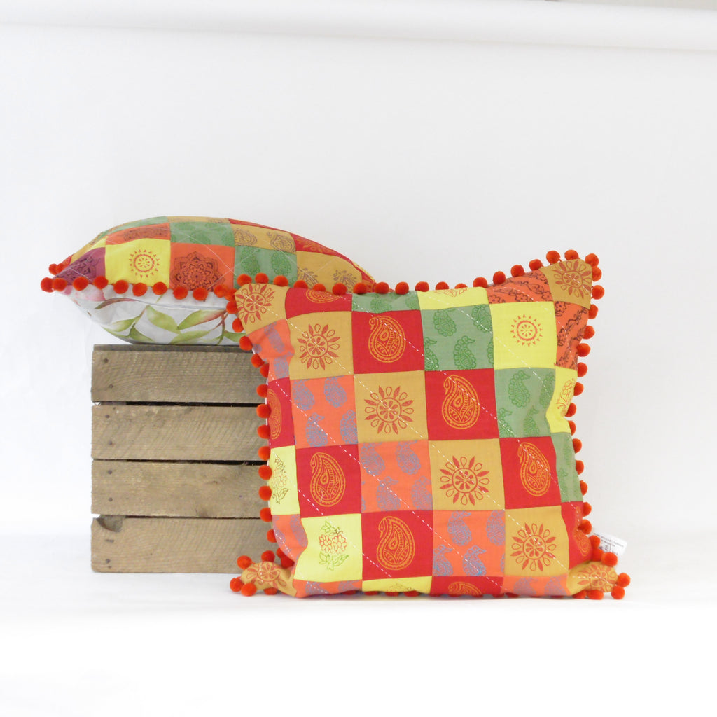 block printed cushion patchwork by naila ahmad london