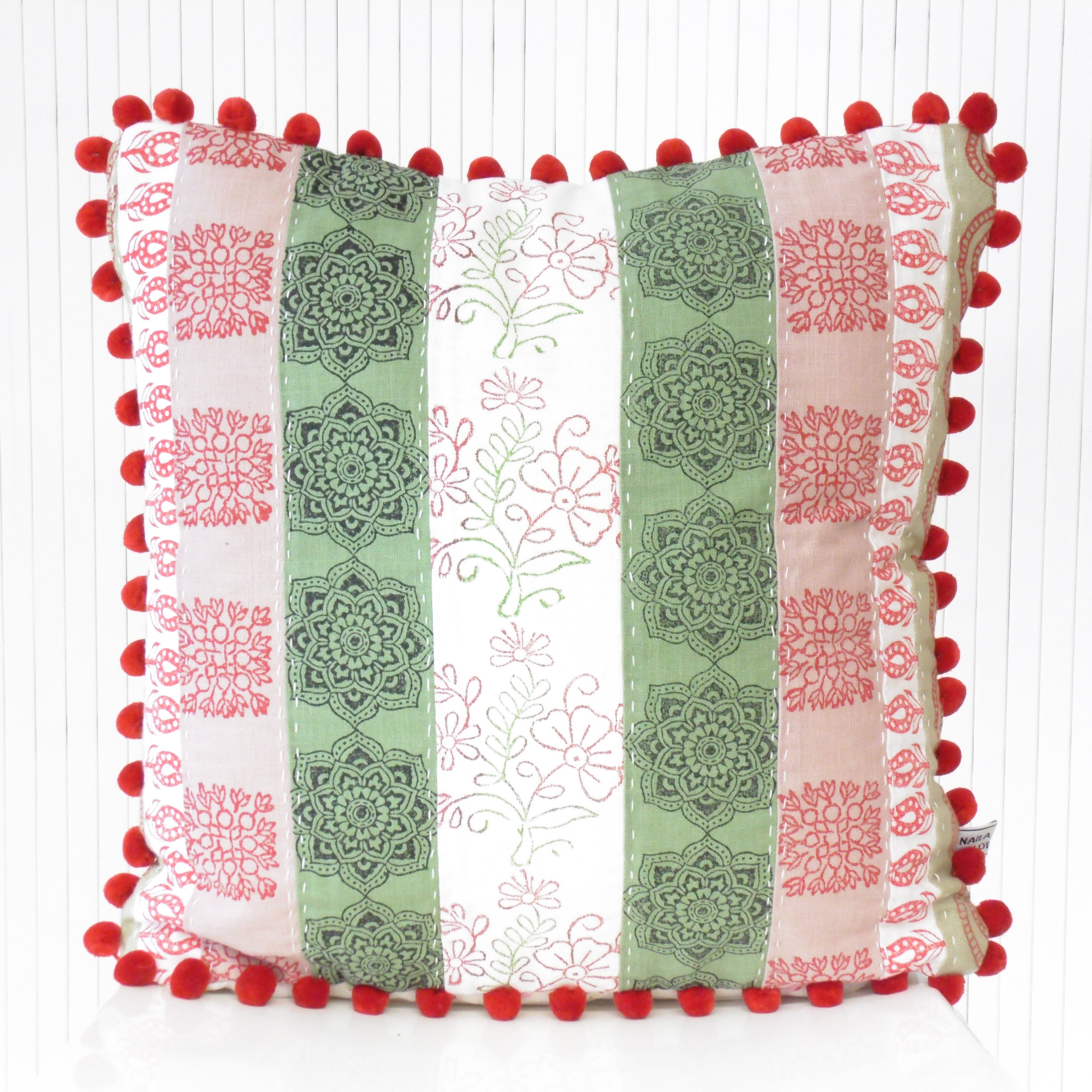 patchwork cushion red geen pink with fluffy pom pom trm