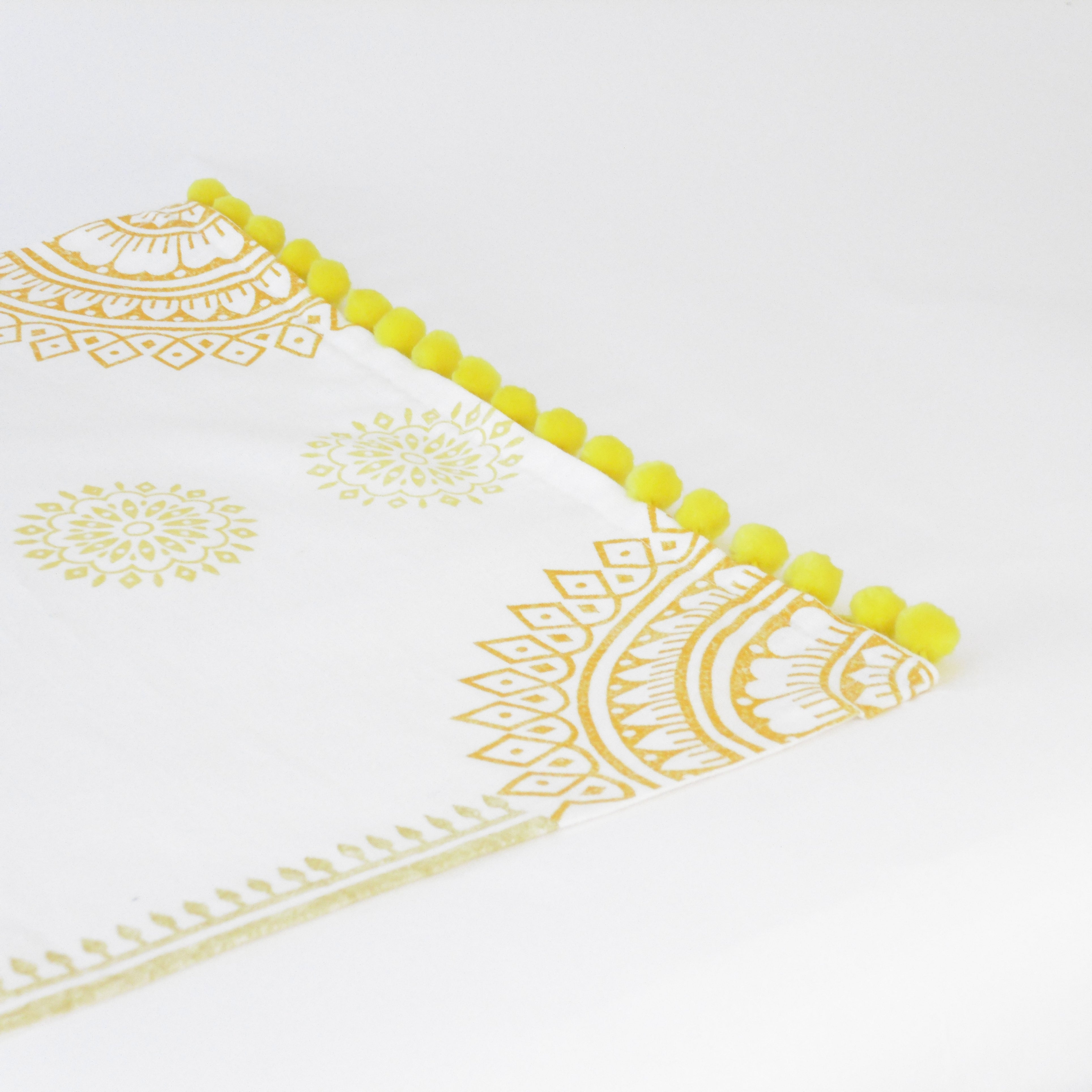 Hand Block Printed Table Runner with Pom Poms - 100% Cotton